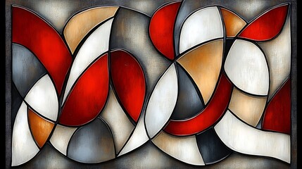 Abstract red, white, and gray artwork.