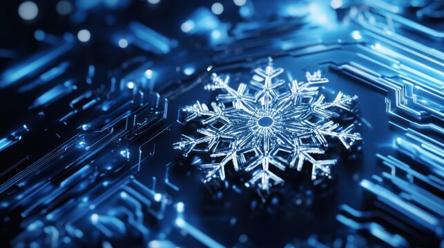 Frozen snowflake on a circuit board.  Possible use Abstract technology background