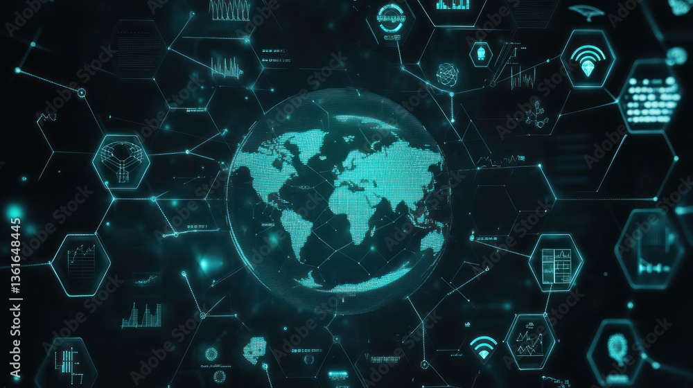 Poster global network infographic, data visualization, interconnected world. possible use stock photo