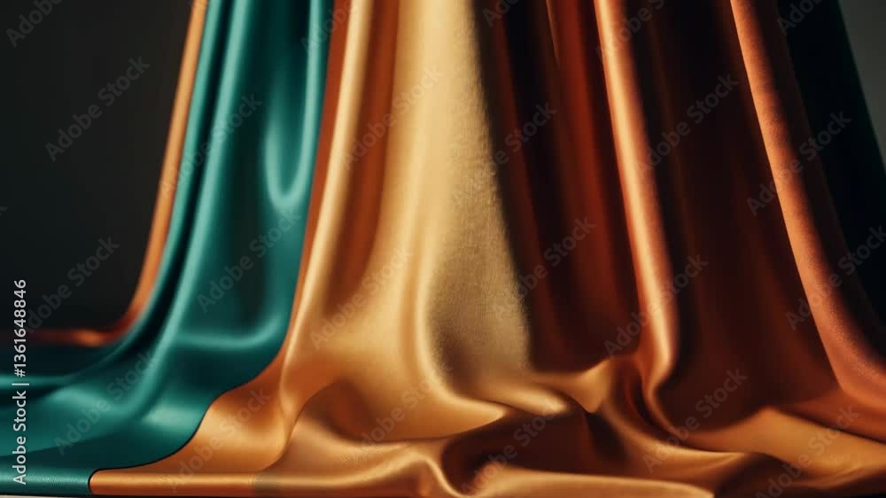 Poster a piece of fabric with a green stripe and an orange stripe. the fabric is long and has a shiny appea