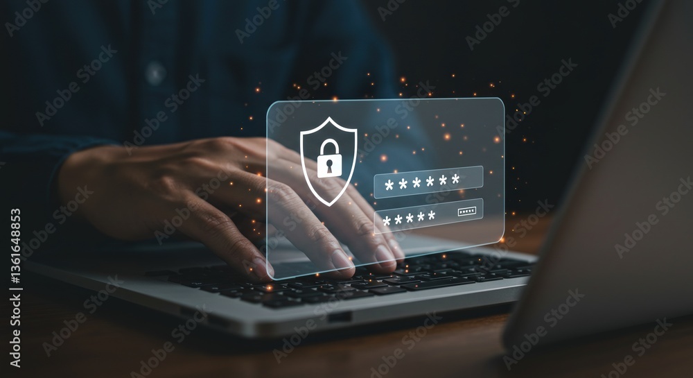 Poster secure online access: a close-up view of a person typing on a laptop with an emphasis on digital sec