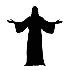 Majestic silhouette of Jesus with open arms, isolated on white background