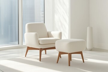 Minimalist white armchair and footrest in bright modern living room. scandinavian interior design