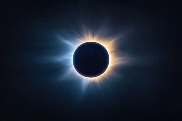 Obraz premium Solar eclipse with blue and yellow light ring glowing around moon. Cosmic mystery
