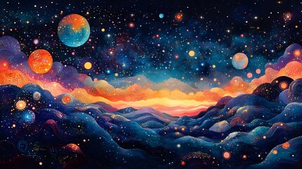 Naklejka premium Intricate Global Music Celebration with Swirling Abstract Patterns and Illuminated Symbols Set Against a Cosmic Nightscape Commemorating World Piano Day and International Music Day