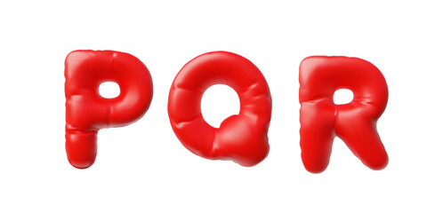 English alphabet uppercase letters P Q R from red inflated balloon 3D vector icon, render typing symbols puffy font sign
