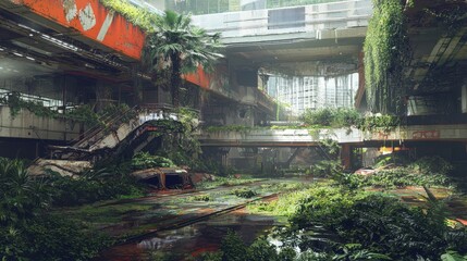 Fototapeta premium Urban Ruins in a Deserted Post-Apocalyptic Landscape Overgrown with Plants