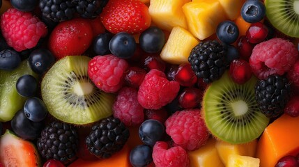 Obraz premium Close-up of a colorful fruit salad. the salad is made up of various types of fruits, including kiwi, strawberries, blueberries, blackberries, raspberries, and mangoes.