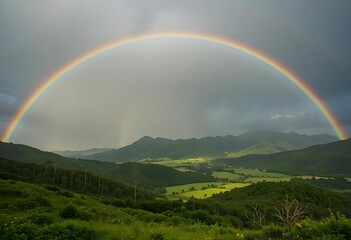 Fototapeta premium full vibrant rainbow over green valley landscape