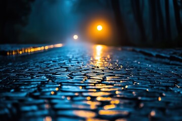 Wet cobblestone street at night with glowing lights. atmosphere of mystery and solitude