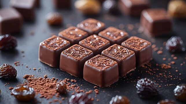 Elegant Handcrafted Confections Blending Rich Chocolate with Tangy Raisins, Opulent Cognac, and Aromatic Liqueur Adorned with Finely Ground Cocoa on a Velvety Dark Stage