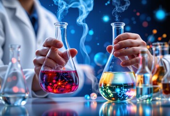 Side view of scientist comparing two flasks with different solutions, double exposure blending with 3D chemical compound models
