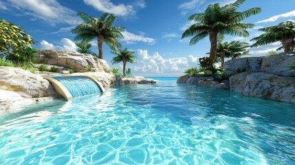 Obraz premium Serene Fantasy Oasis with Crystal Clear Water and Lush Palm Trees