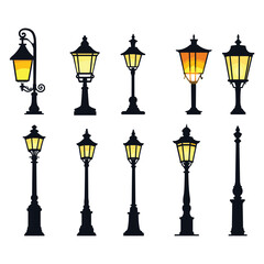 Street lamp post set vector in flat style, isolated in white background. Silhouette street lamp collection set. Outdoor city lighting fixtures with a retro modern design for sidewalks in urban or town