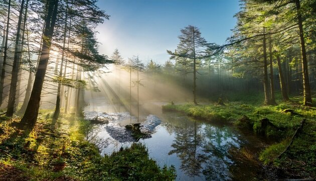 in a misty forest where sunlight shimmers and water creates beautiful reflections