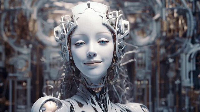 Android with beautiful face of a woman with blue eyes looks at the viewer, smiles happily and winks.