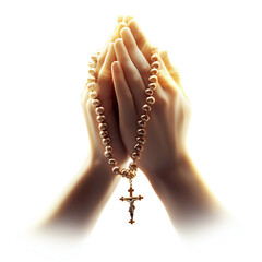 Praying hands with a rosary and a soft glowing effect, isolated on white background