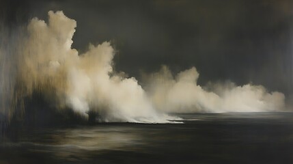 Abstract seascape painting, dark ocean, light clouds.