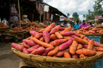 Fresh sweet potatoes at market