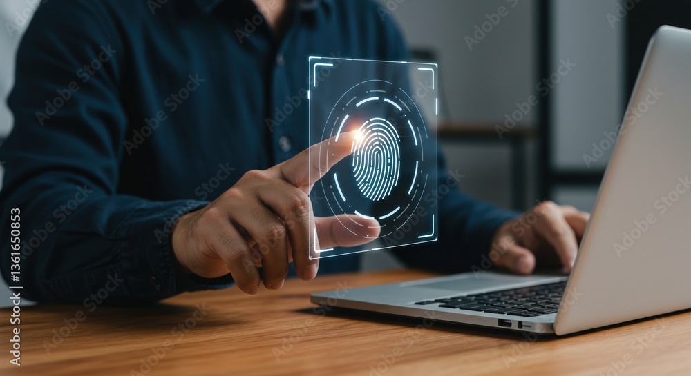 Poster a man in a dark shirt interacting with a digital fingerprint display while using a laptop on a woode