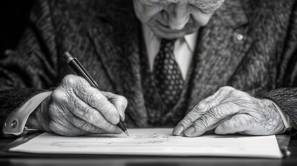 Elderly man's hands signing document.