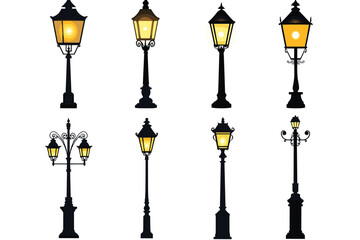 Street lamp post set vector in flat style, isolated in white background. Silhouette street lamp collection set. Outdoor city lighting fixtures with a retro modern design for sidewalks in urban or town