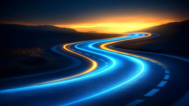 Night highway journey with streaks of car light on asphalt, leading to a blurred horizon under a vast sky - Powered by Adobe