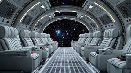 Fototapeta premium High-Tech Spaceship Interior with Panoramic Views of the Cosmos