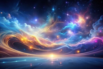 Obraz premium A Celestial Tapestry of Vibrant Nebulae and Glowing Cosmic Dust, Enveloping a Serene Planetary Horizon