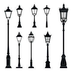 Street lamp post set vector in flat style, isolated in white background. Silhouette street lamp collection set. Outdoor city lighting fixtures with a retro modern design for sidewalks in urban or town
