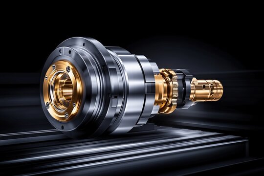 Precision metal machine spindle with golden and steel parts. advanced manufacturing