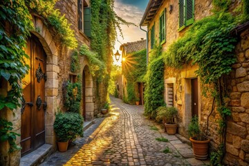 Fototapeta premium Sunlit cobblestone pathway meandering through a charming village, nestled amongst aged stone buildings draped in vibrant green foliage, bathed in the warm glow of sunset.