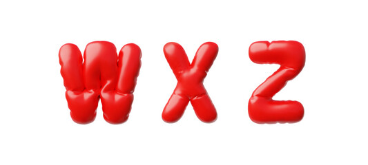 English alphabet uppercase letters W X Z from red inflated balloon 3D vector icon, render typing symbols puffy font sign