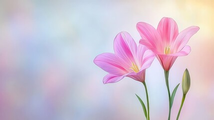 Fototapeta premium Two delicate pink flowers in soft focus, serene nature photography image two