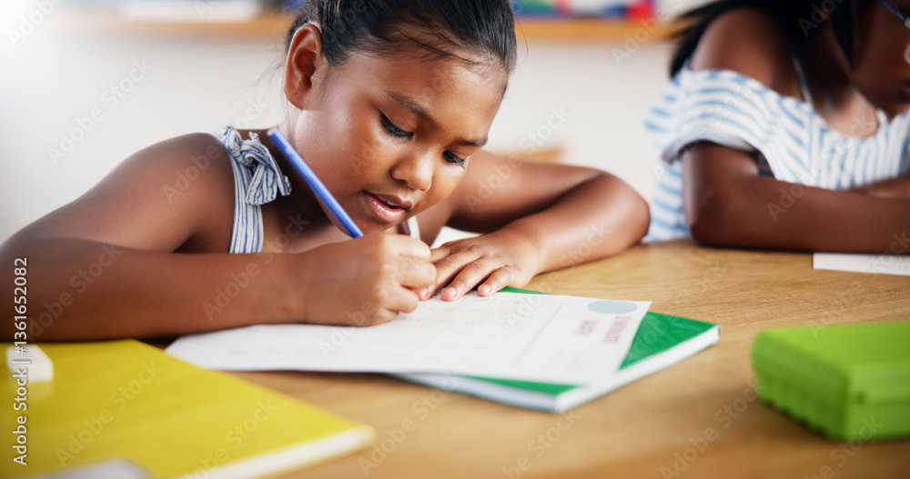 Poster education, writing and child with homework in house for learning, studying or development. knowledge