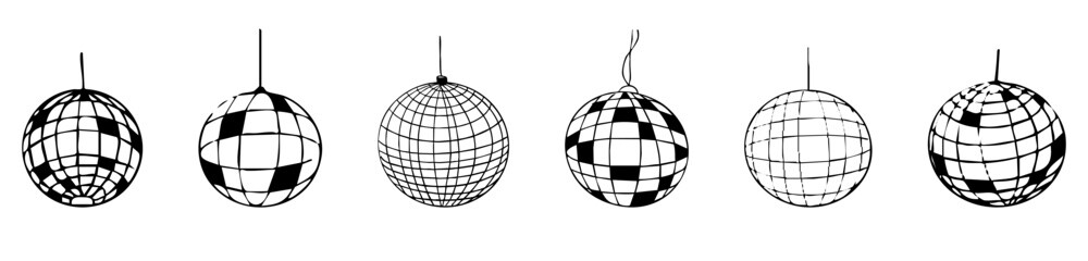 Disco ball doodle line tattoo y2k coquette trendy groovy decoration. Retro dance party line hand drawn design elements. Disco ball with stars, sketch