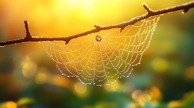 A breathtaking macro shot of a dew-covered spider web suspended between two branches, shimmering with refracted sunlight, tiny water droplets sparkling like crystals,