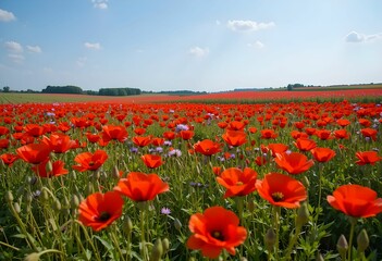 Fototapeta premium vast field of vibrant red poppy type flowers under a bright blue sky