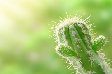 Obraz premium Green cactus with white thorns on soft blurry background. desert nature and minimal plant life