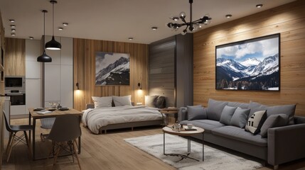 Modern mountain-themed studio apartment interior at night