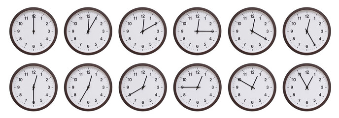 Sequence of dark brown wooden wall clocks showing time progression from 12.00 to 12.55. Ideal for...