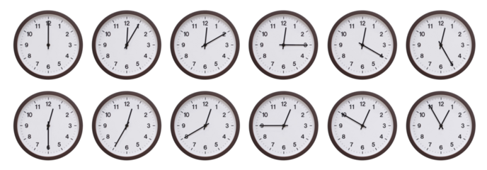 Sequence of dark brown wooden wall clocks showing time progression from 12.00 to 12.55. Ideal for concepts of time management, scheduling, and time flow