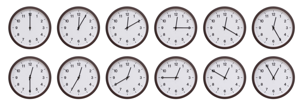 Sequence of dark brown wooden wall clocks showing time progression from 12.00 to 12.55. Ideal for concepts of time management, scheduling, and time flow