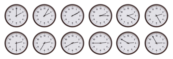 Sequence of dark brown wooden wall clocks showing time progression from 02.00 to 02.55. Ideal for concepts of time management, scheduling, and time flow