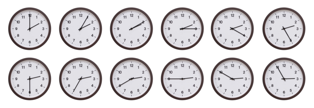 Sequence of dark brown wooden wall clocks showing time progression from 02.00 to 02.55. Ideal for concepts of time management, scheduling, and time flow