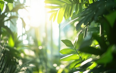 Sunlight Streaming Through Green Leaves Creating a Serene Tropical Atmosphere