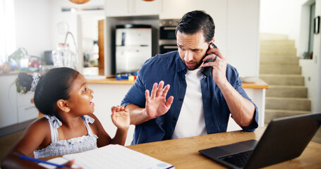 Remote work, girl and father with phone call, busy and distracted for deadline, education and...