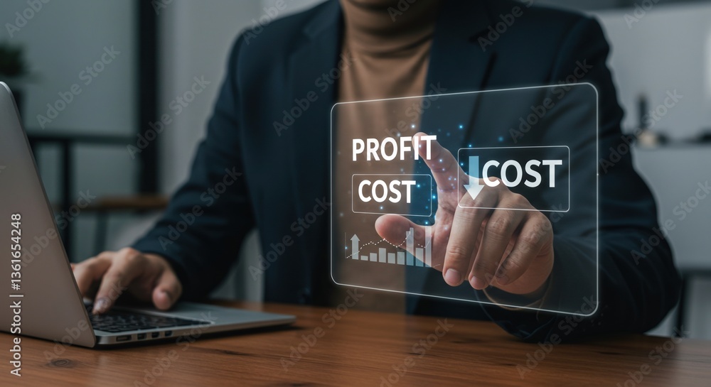 Poster analyzing financial data: middle-aged male evaluating profit and cost metrics via interactive digita