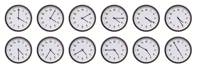 Sequence of dark brown wooden wall clocks showing time progression from 04.00 to 04.55. Ideal for...