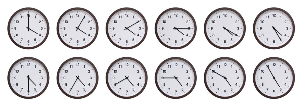 Sequence of dark brown wooden wall clocks showing time progression from 04.00 to 04.55. Ideal for concepts of time management, scheduling, and time flow